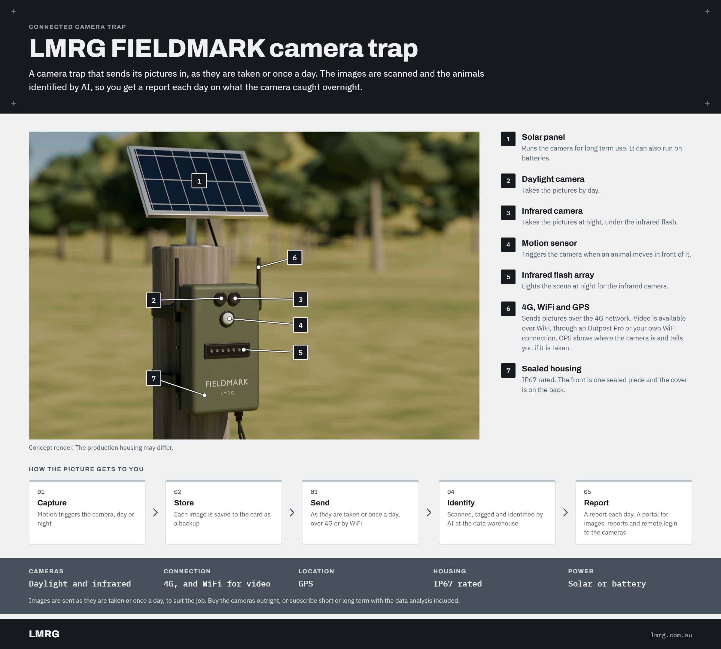 Labelled view of the LMRG FIELDMARK camera trap on a post: solar panel, daylight camera, infrared camera, motion sensor, infrared flash array, 4G, WiFi and GPS antennas and sealed housing, with the path a picture takes from the camera to your daily report.