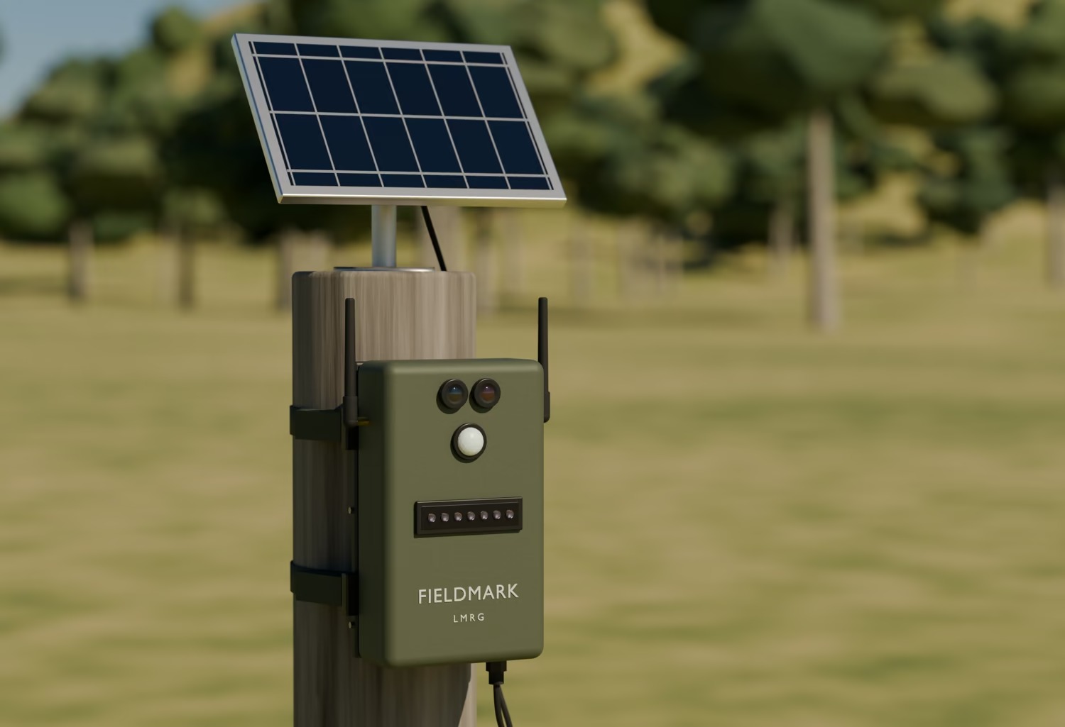 Concept render of the FIELDMARK camera trap strapped to a timber post in a paddock, with a small solar panel on a bracket above