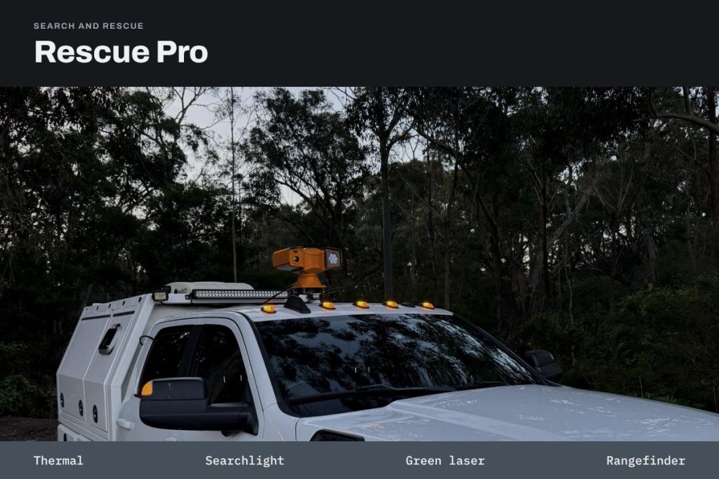 LMRG Rescue Pro thermal pan and tilt camera on the roof of a service vehicle in bushland at dusk.